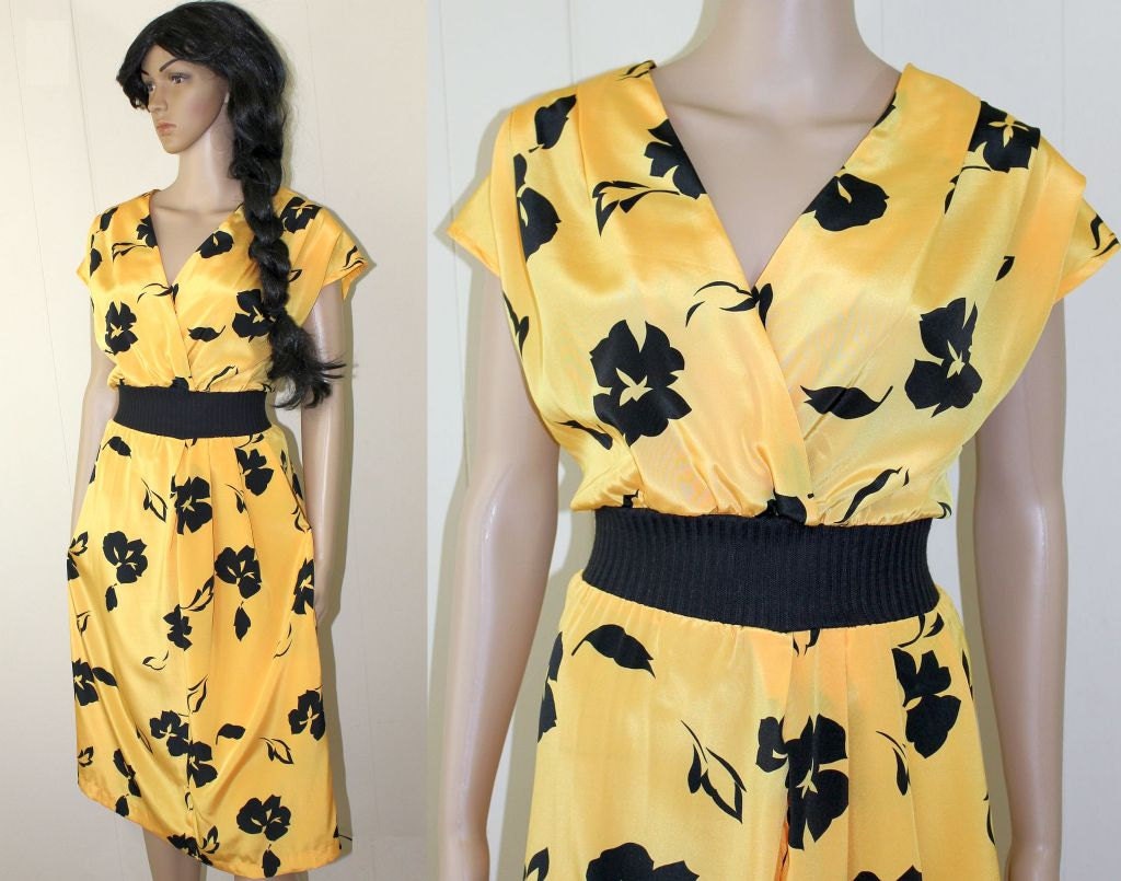 vtg 80s dress // yellow & black floral PARTY DRESS 50s style rockabilly // S-M c993