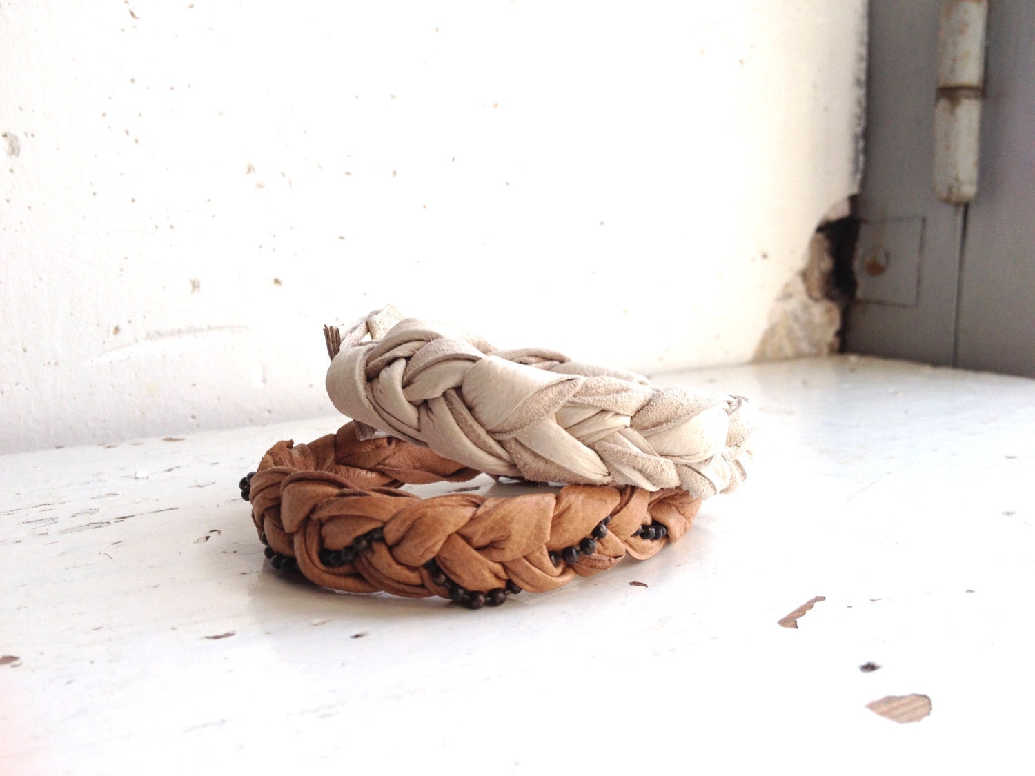 Boho Chic Bracelet in Leather .  Tan, Chocolate, White or Chestnut.  Set of 2