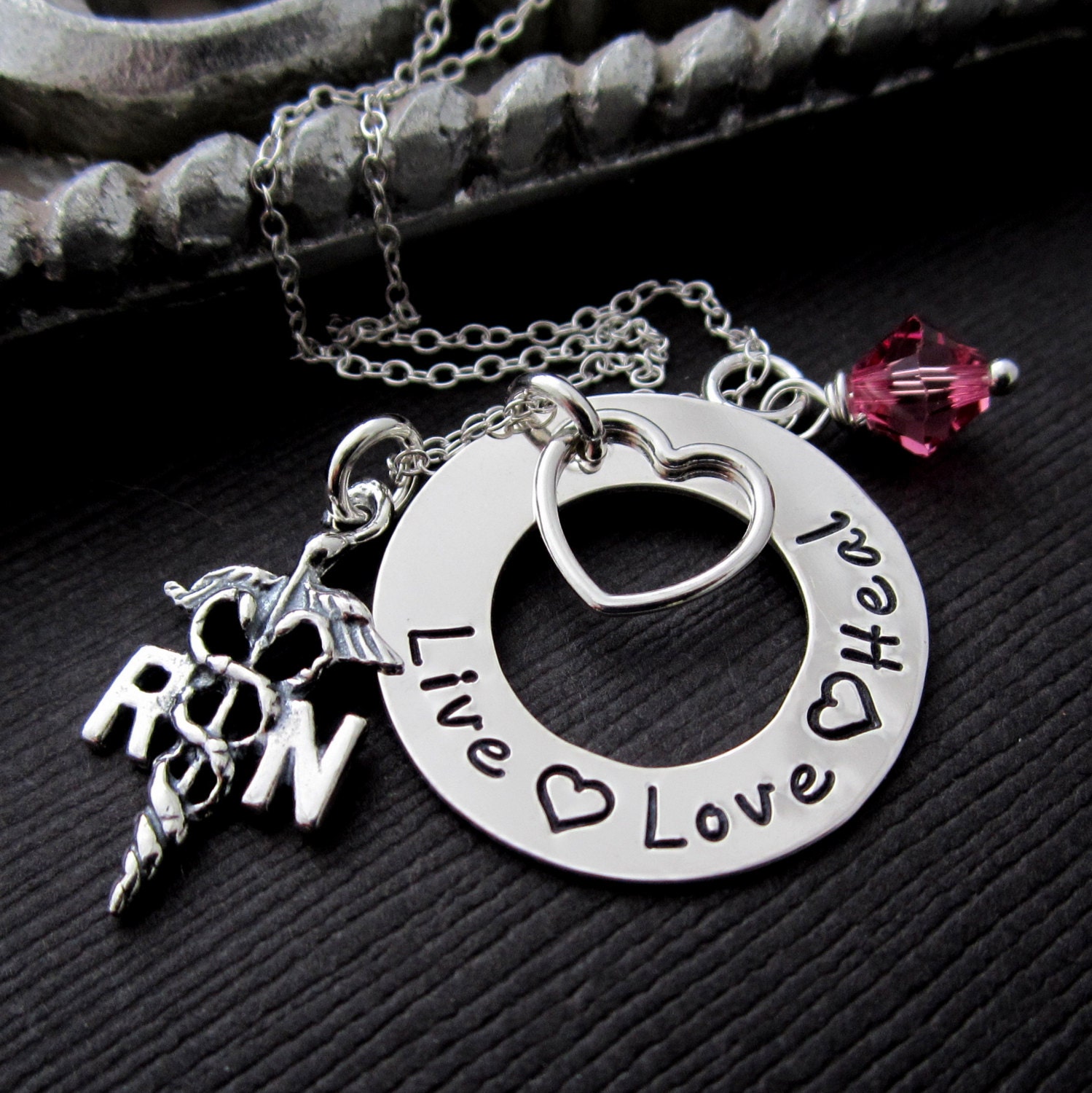 RN/ LPN Nurse Necklace, Registered Nurse Jewelry Necklaces, Hand Stamped Gift w/ Necklace in Sterling Silver, RN Charm Birthstone & Heart