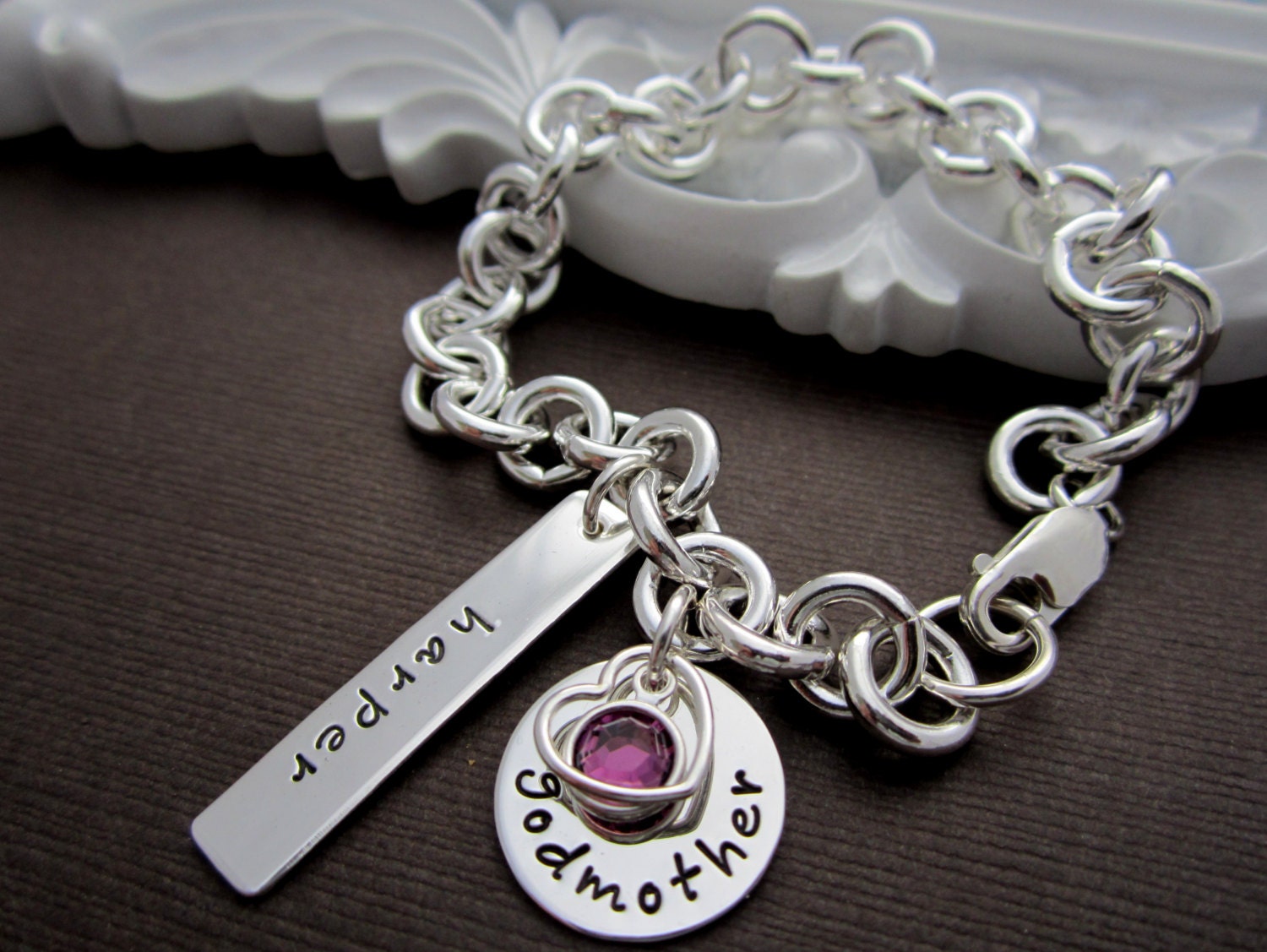 Godmother Jewelry Bracelet Gifts, Personalized Baptism/ Christening Gifts, Godchild/ Baby Name Bracelet, Charm Bracelet w/ Birthstone