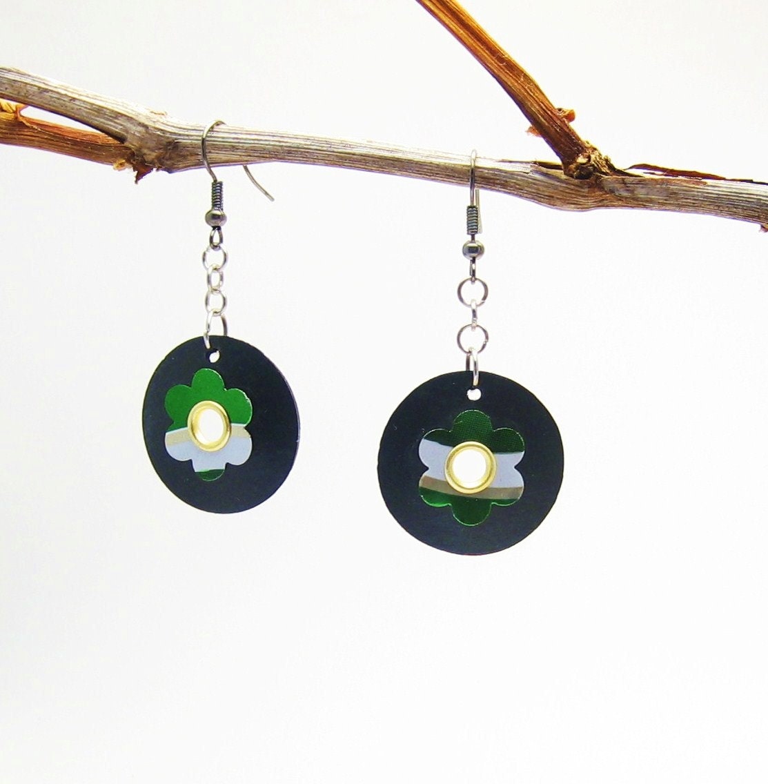 Upcycled Black Rubber Inner Tube Earrings with Beer Can by becycle