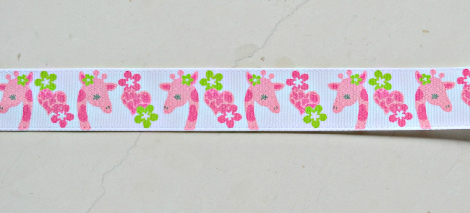 Pink giraffes on 7/8" white grosgrain ribbon Il_170x135