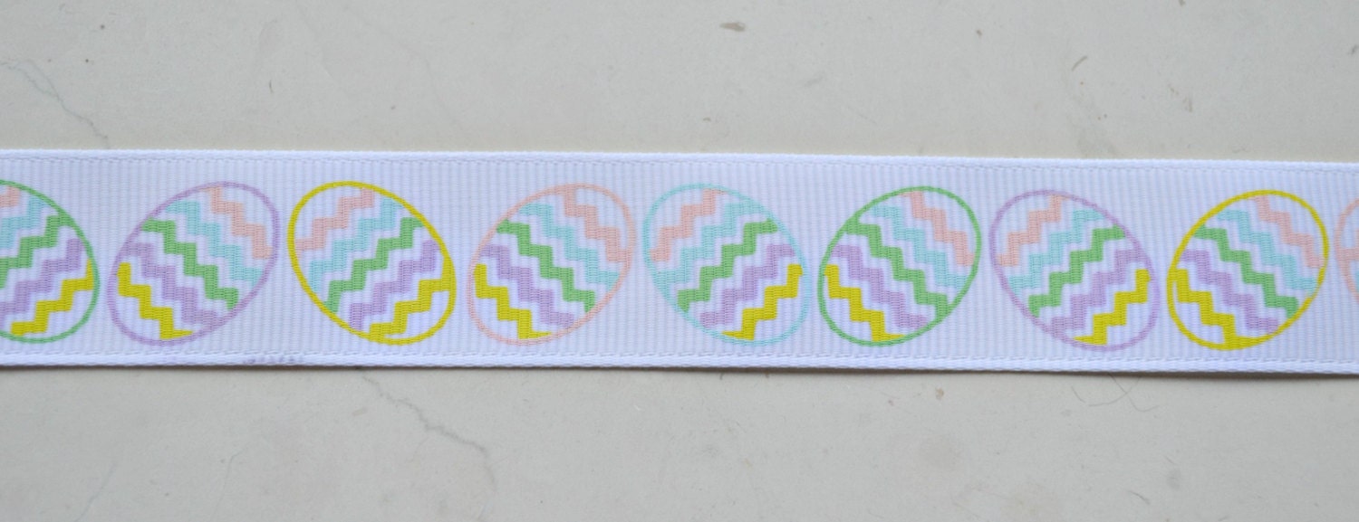 Pastel chevron Easter eggs on white 7/8" grosgrain ribbon- Easter Il_170x135