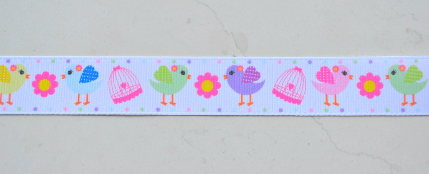 Sweet Tweets birds and bird cages on white 7/8" grosgrain ribbon Il_570xn