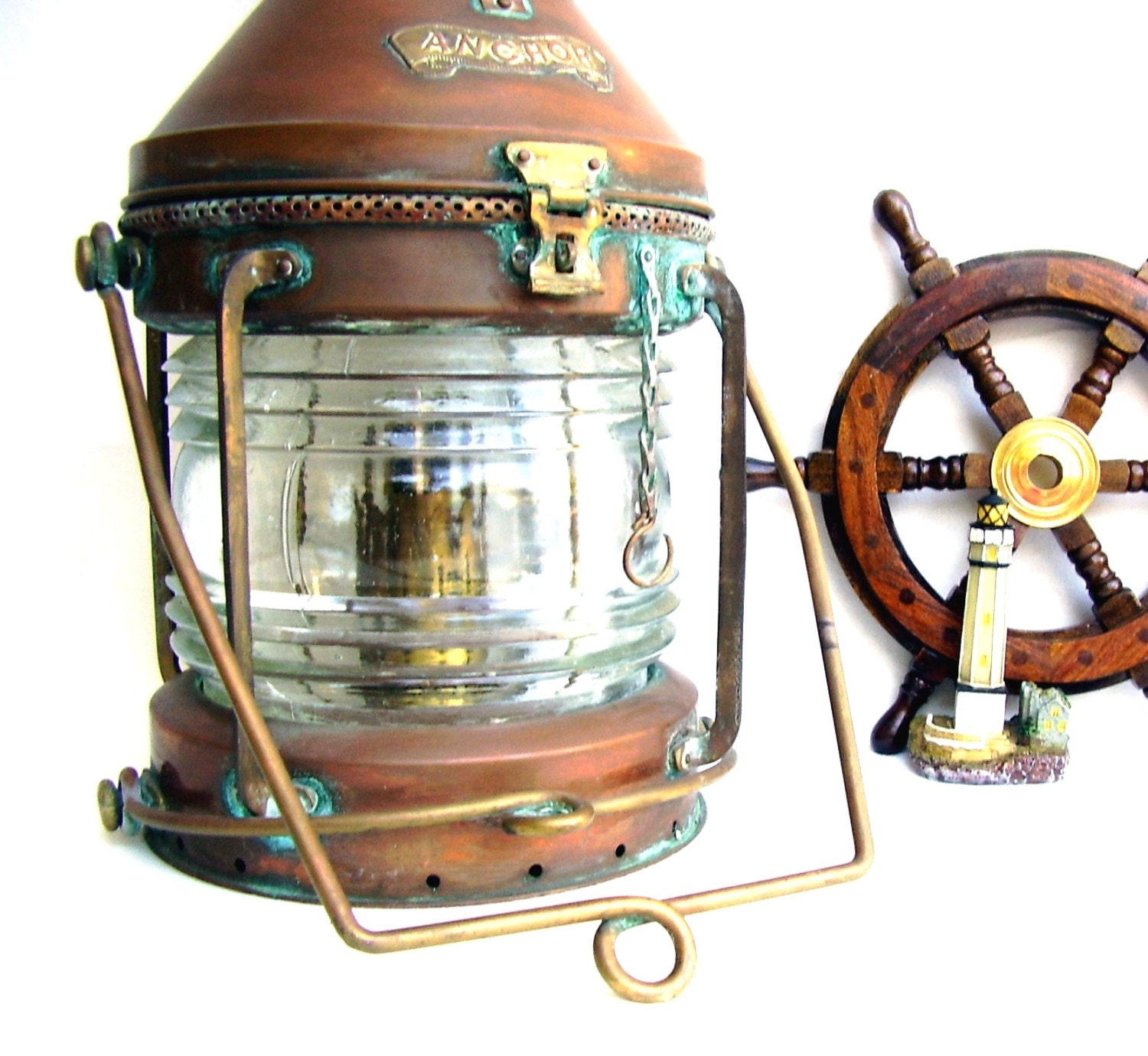 Vintage Ships Lantern Copper Anchor Oil Lamp Nautical