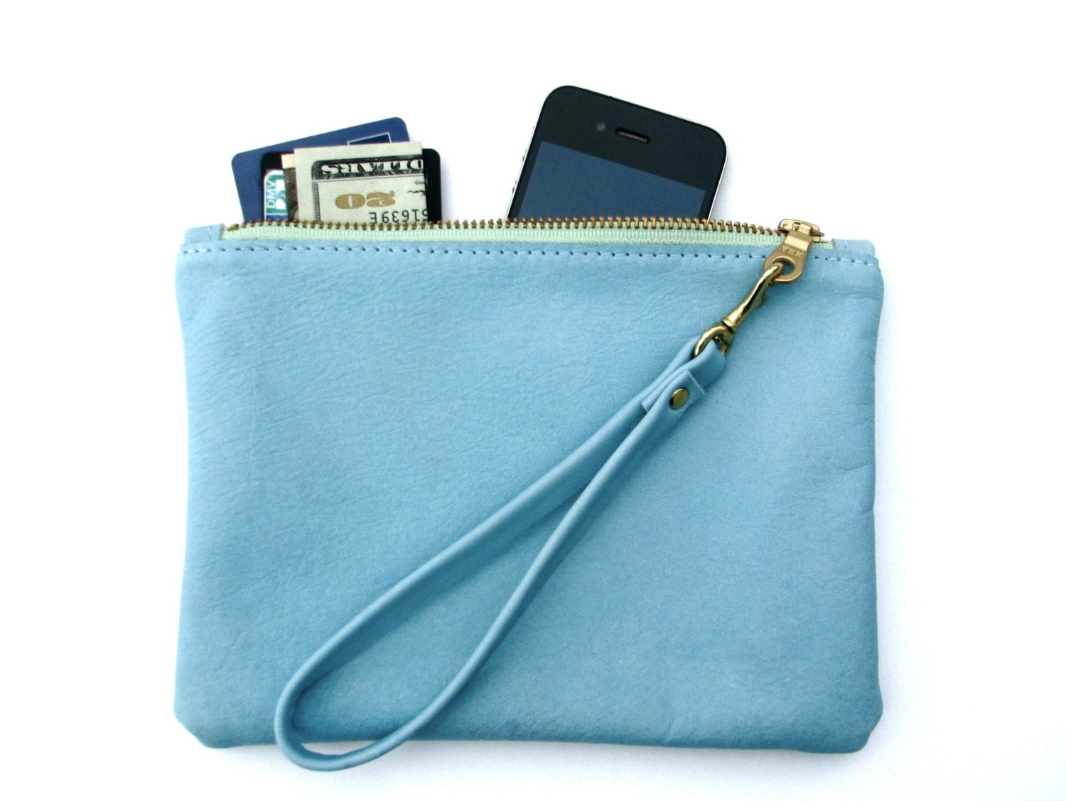 S U M M E R . P O O L   / / /  The Leather Writer's Pouch Wristlet / / / pale blue leather clutch with a mint green zipper
