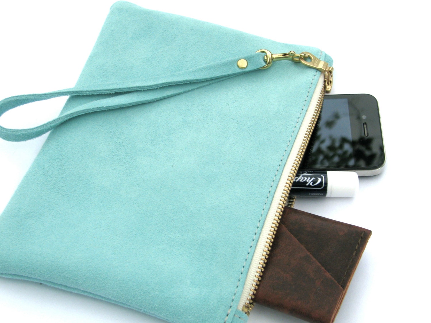 M I N T . G R E E N  / / /  The Leather Writer's Pouch Wristlet / / / pale mint green suede zipper clutch / / / bridesmaid wedding clutch
