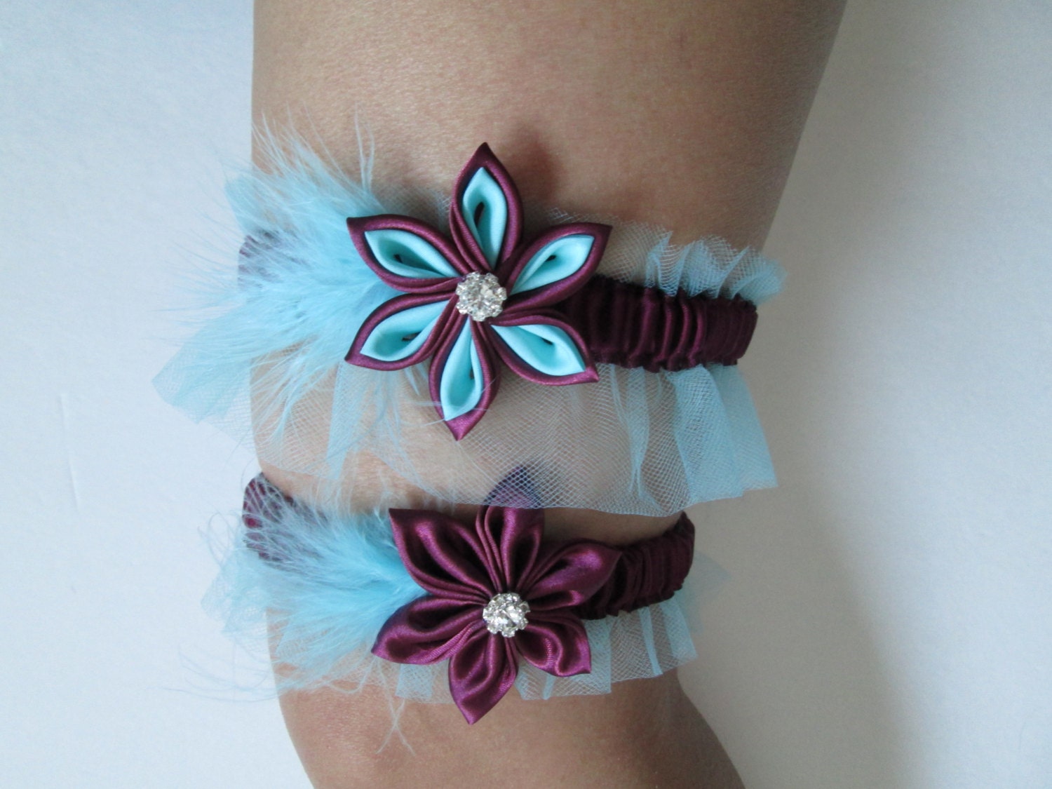 Bridal Wedding Garters, Tiffany Blue Garters, Aqua Blue Tulle Garters, Burgundy Garters, Kanzashi Flower, Rhinestone Garters, Prom Garters