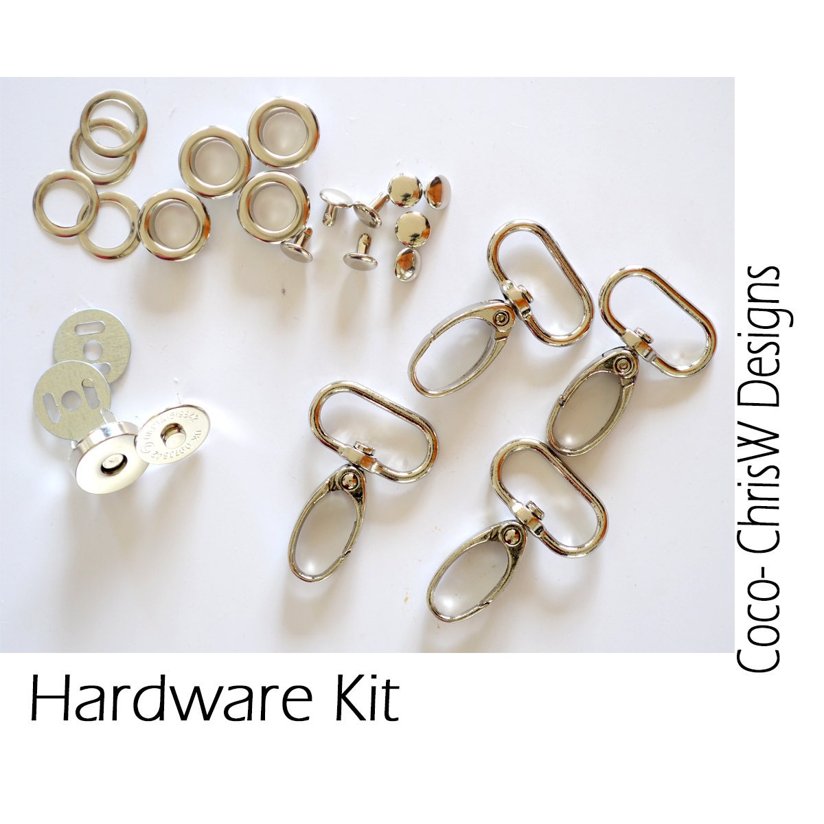 COCO Purse Hardware kit in Nickel - Includes Hooks, Grommets, Rivets and Magnetic Snap