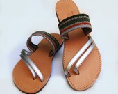 Greek Leather Sandals - Handmade - Olive Green with silver