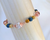Bracelet with Torch Fired Enameled Copper Beads, Rock Crystal Quartz, and Jasper Copper Handmade
