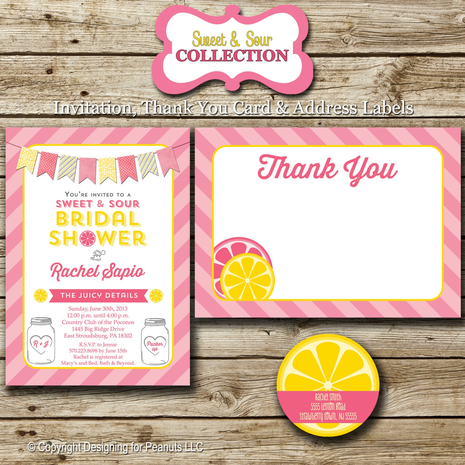 Lemonade Bridal Shower Invitation, Thank You Card, Return Address Labels, mason jars, lemons, printable, digital