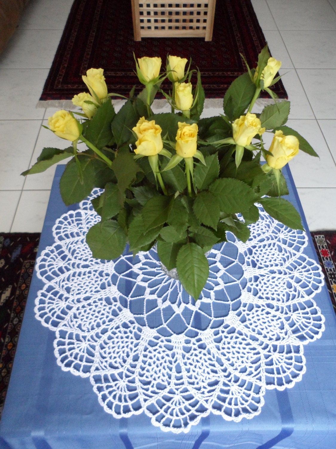 White hand crochet doily for your coffee table