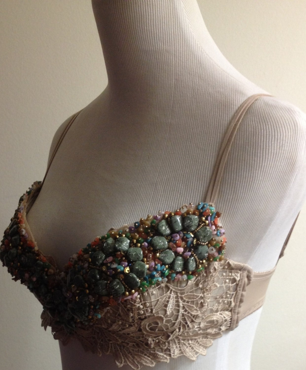 Summer Sexy Beach Babe Rock Embellished Handmade Beige Bra