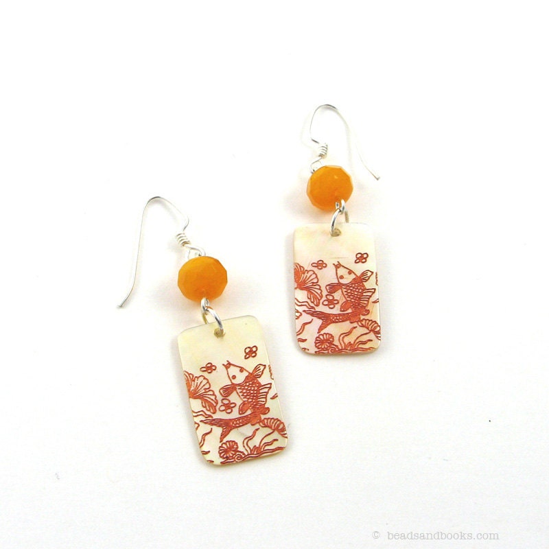 Koi Fish Earrings (Shell Jewelry, Orange and Yellow, Japanese, Asian)