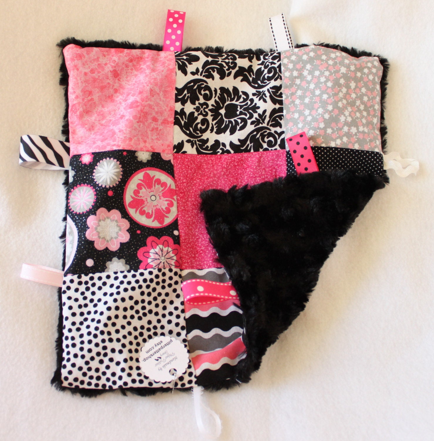 Patchwork Pink, Black, Grey Taggie, Lovey, Sensory, Security Blanket