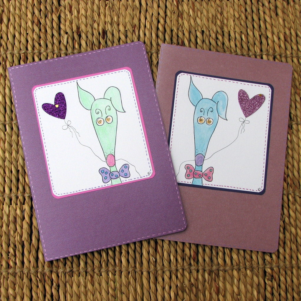 Greyhound love cards whimsical greyhound heart pink purple set of 2 large cards silly old greyhound