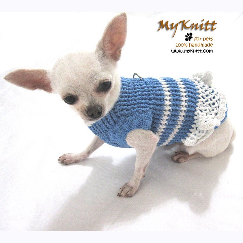 Pet Dress Harness For Dogs Cats Baby Blue Handmade Crochet Knit Chihuahua Clothing Spring D895
