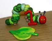 The Very Hungry Caterpillar with 1and Large Green Leaf - Clay Birthday Cake Topper