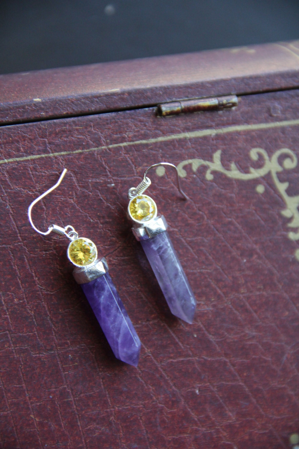 terminated amethyst points with bright lemon yellow cubic zircon earrings