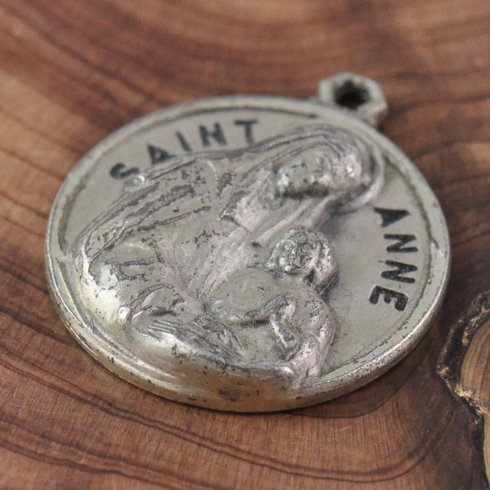 Saint Anne De Beaupre Sterling Religious Creed Medal on 18 inch sterling silver rolo chain