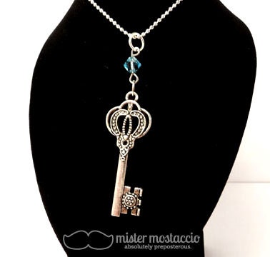 Antique Key Charm Necklace with Swarovski Crystal