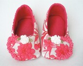 Pink and White Girls Cotton Booties Deep Pink Ruched Ribbon Trim