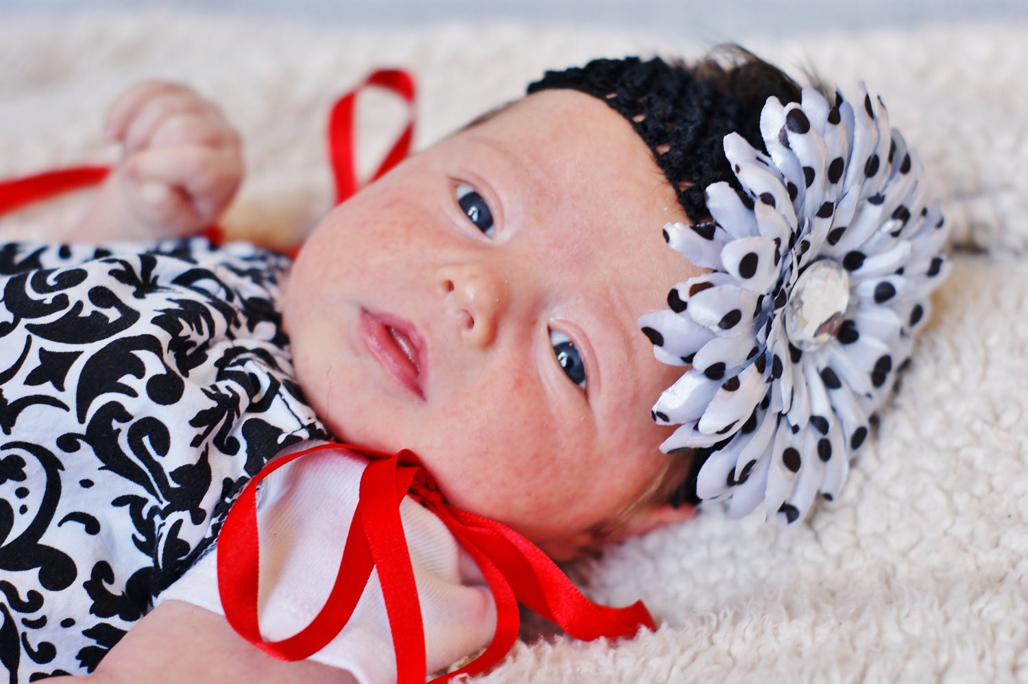 White and black polka dot flower clip...baby hair bow...infant head band...toddler hairbow...baby bow