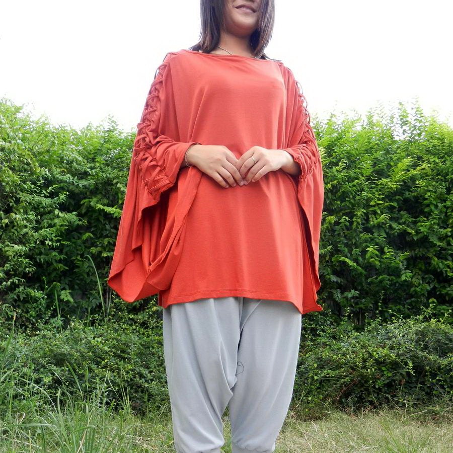 NEW Design  Plus size Blouse Unique Styling Poncho, Orange Jersey Spandex