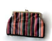Vintage Striped Black, Orange, Raspberry, Olive Green White and Gold Coin Pouch Makeup Bag