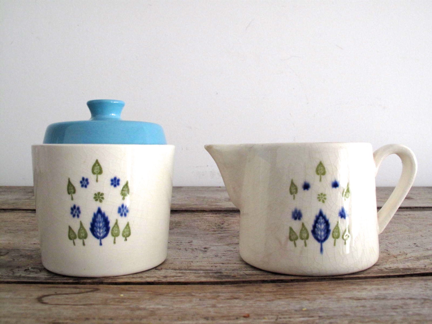 Vintage Sugar and Creamer Set - Mid Century Modern Creamer Set - White and Blue Ceramic, Made in the USA