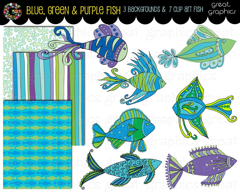 Fish Clip Art Digital Fish Clipart Fish Party Paper Party Fish Invitation Clipart Blue Green Purple Fish Instant Download Il_570xn