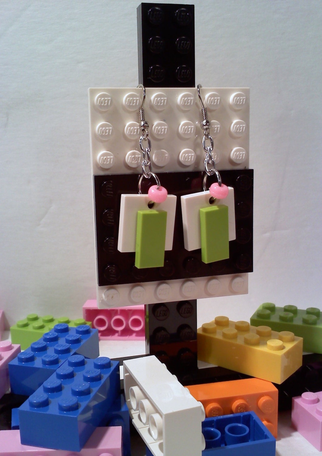 Upcycled Lego Earrings WHITE GREEN PINK
