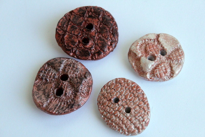 Set of 4 large copper black silver ceramic stoneware buttons pendants