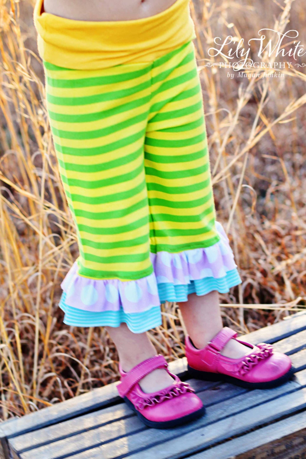 Lemon Lime Ruffle Capris Yoga Pants in Custom Sizes 12m-6yrs