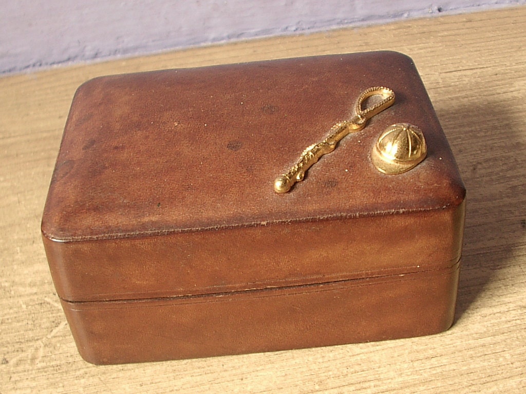 Antique 1940's Italian leather box, Rosenfeld Imports, horse racing theme, Father's day gift, jockey, wedding gift for groom