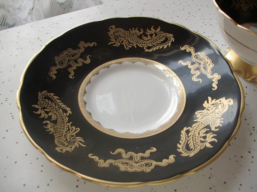 Antique gold dragons tea cup, Vintage 1950's Royal Stafford English tea set, black and gold bone china tea cup, black tea cup
