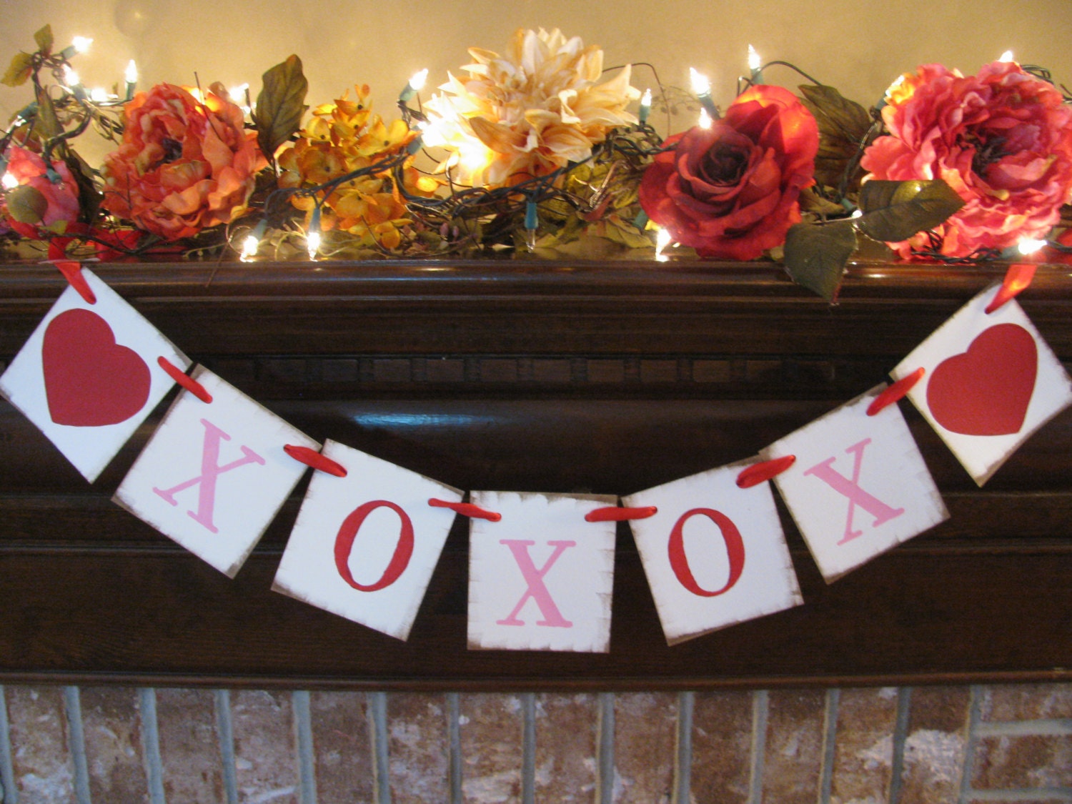 Valentine Banner Wedding Garland Hugs and Kisses Sign XOXOX  with Red Hearts  Great Photo Prop