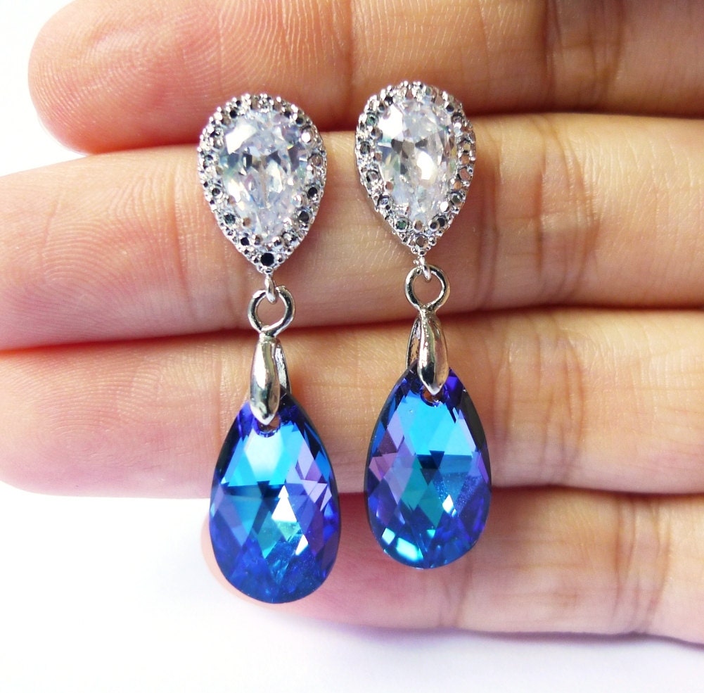 Cubic Zirconia Bridal Earrings - Swarovski Heliotrope Teardrop Earrings - Purple Peacock Bridesmaids Earrings