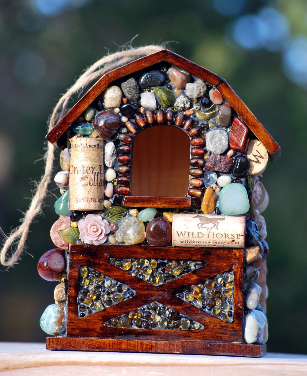 Bird House Eco-Friendly Mosaic Garden Art with Wine Corks and Roses