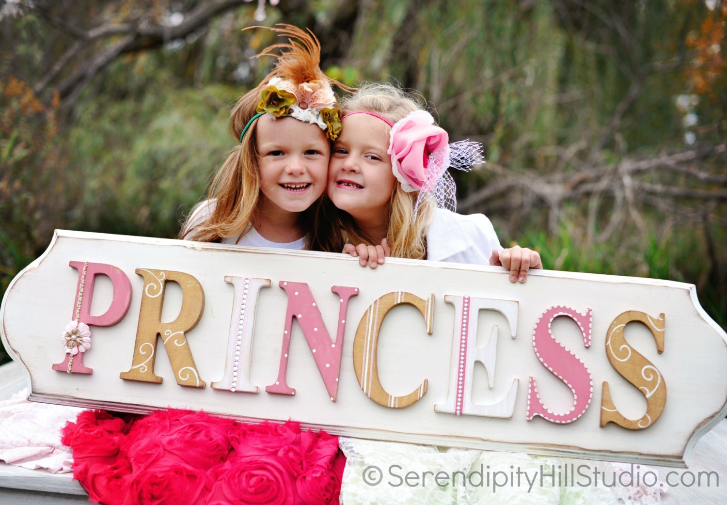 3D ORIGINAL xl  PRINCESS  name embellished wood  wall letters on distressed plaque in rose pink, white, gold shabby modern vintage art