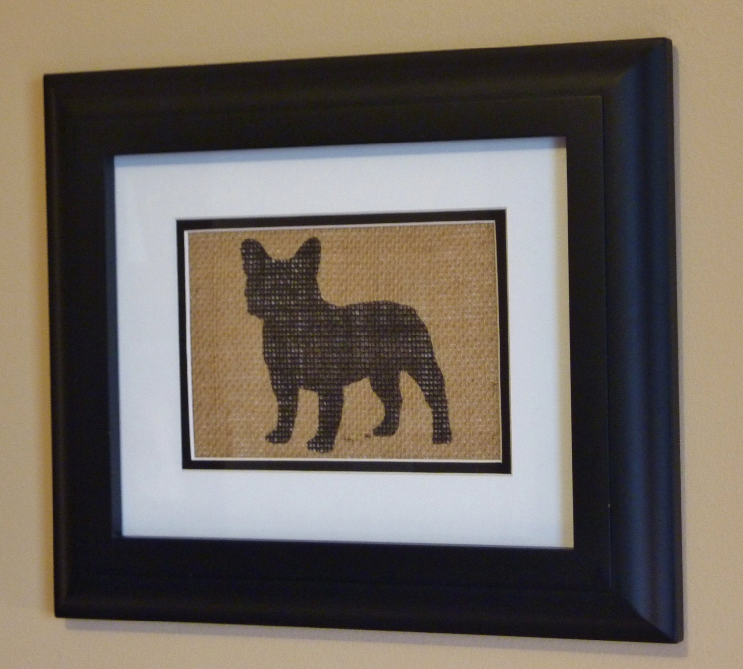 Handmade Stenciled French Bulldog Silhouette Burlap Pillow-Insert Included