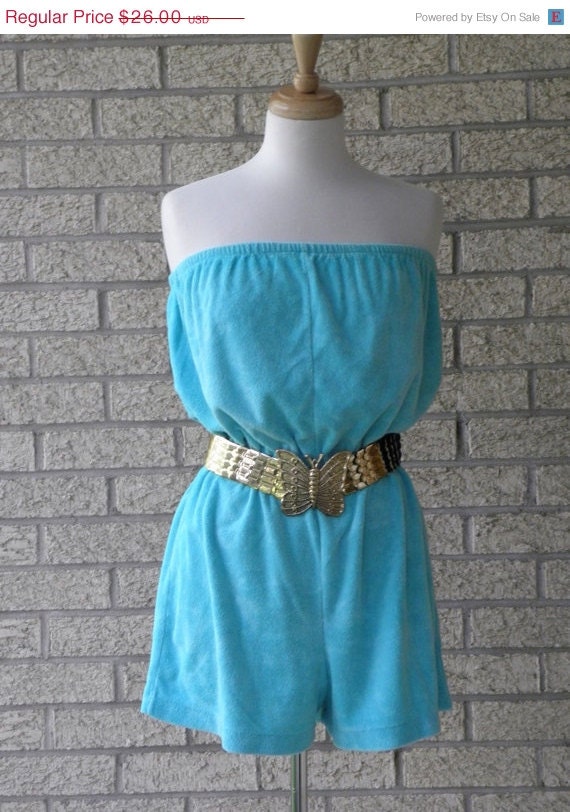 SALE Vintage Terry Romper, Swimsuit Cover, Blue Terry Shorts Romper, 1970s