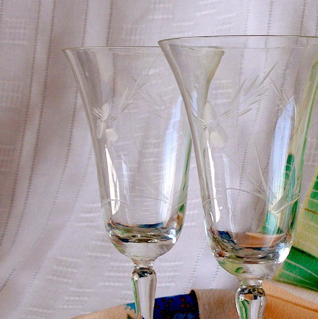 Antique Etched Crystal Wine Glasses Pair By Retrogroovie On Etsy