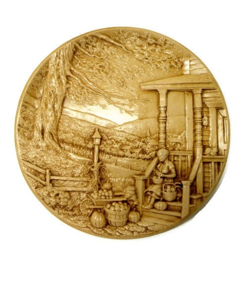 Vintage Farmhouse Ceramic Plate, Earth Tone Wall Hanging 1980 Byron Mold Signed, 3 Dimensional, Sepia