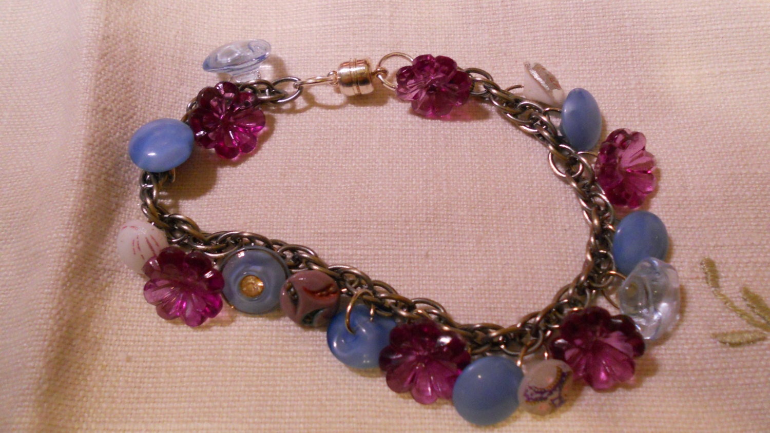 vintage mini button charm bracelet purple blue and white