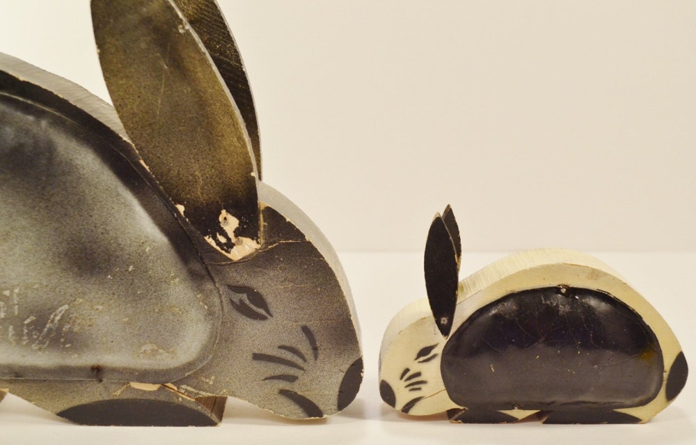 Bunny Rabbit Easter Primitive Handmade Toy Wood Metal Nesting Secret Compartment Black Gray White