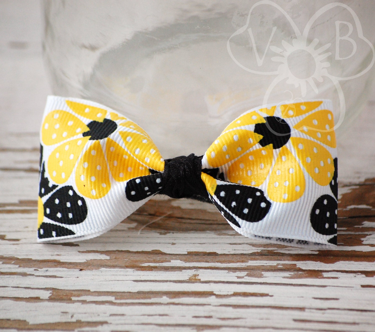 Honey Bee ribbon bow tie style in black & yellow floral print hair or clothing accessory clip boy or girl