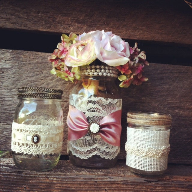 Burlap and Lace Mason Jar Vases Vintage Style Lace Mason Jars Wedding Decorations Mason Jar Home Decor Rustic Chic Vintage Style Mason Jars