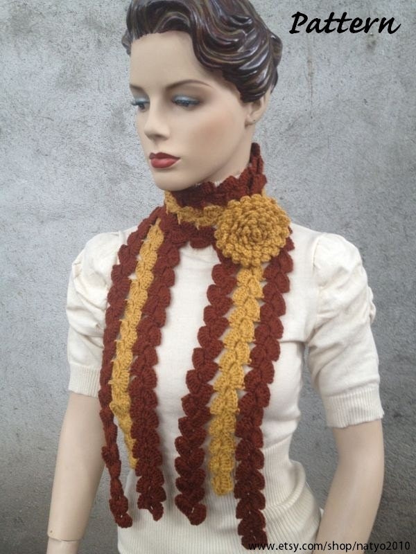 INSTANT DOWNLOAD Sonia Mustard and Brown Scarf Crochet with Flower - PDF Pattern